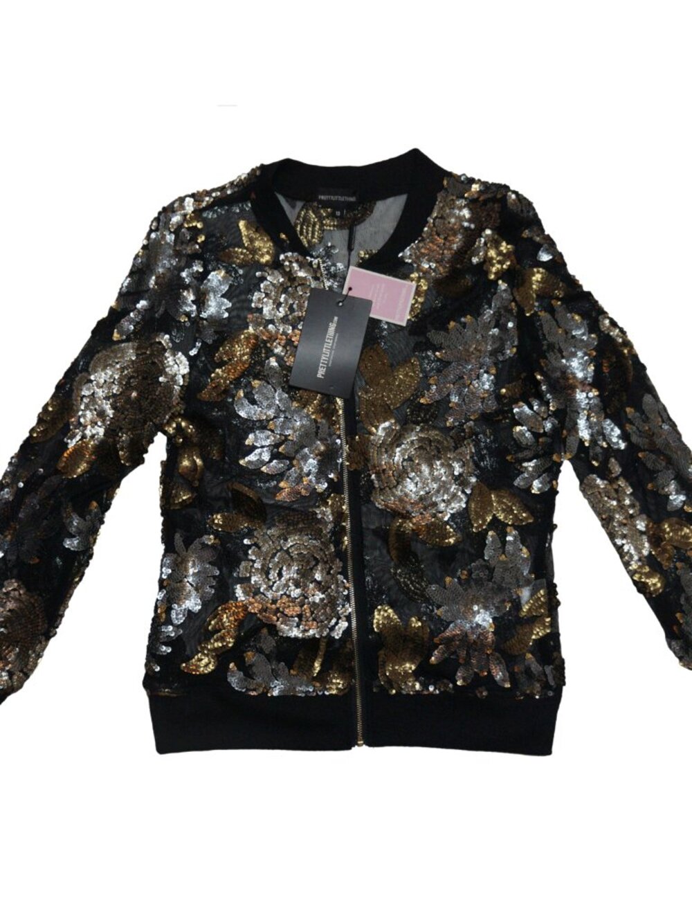 Pretty Little Things Black Sheer Mesh Sequin Zip Up Long Sleeve Jacket Sz 10